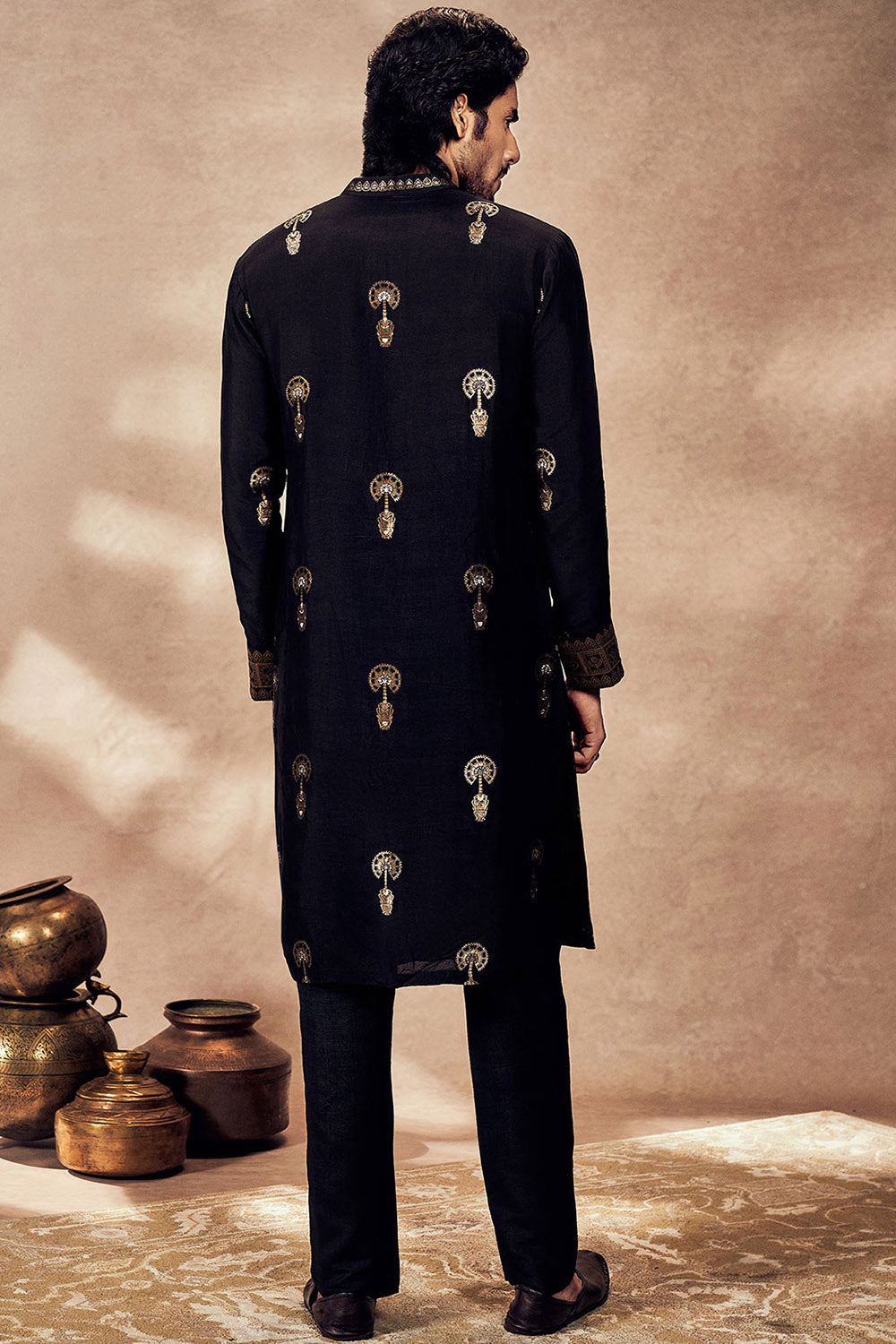 Black Traveller's Palm Jacquard Kurta