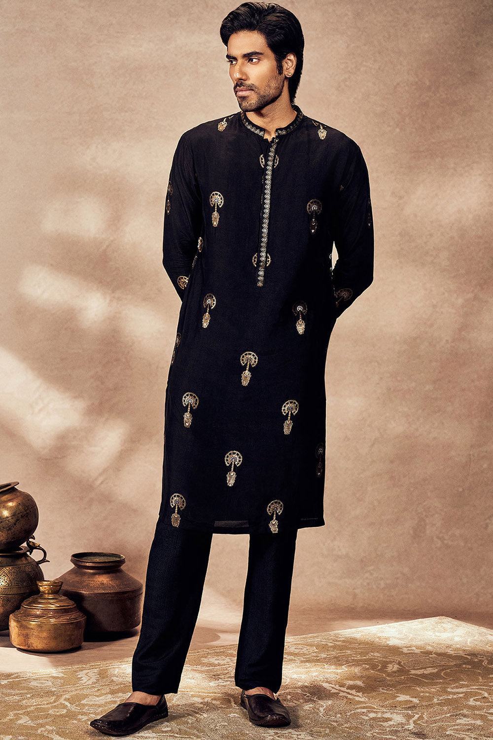 Black Traveller's Palm Jacquard Kurta Set