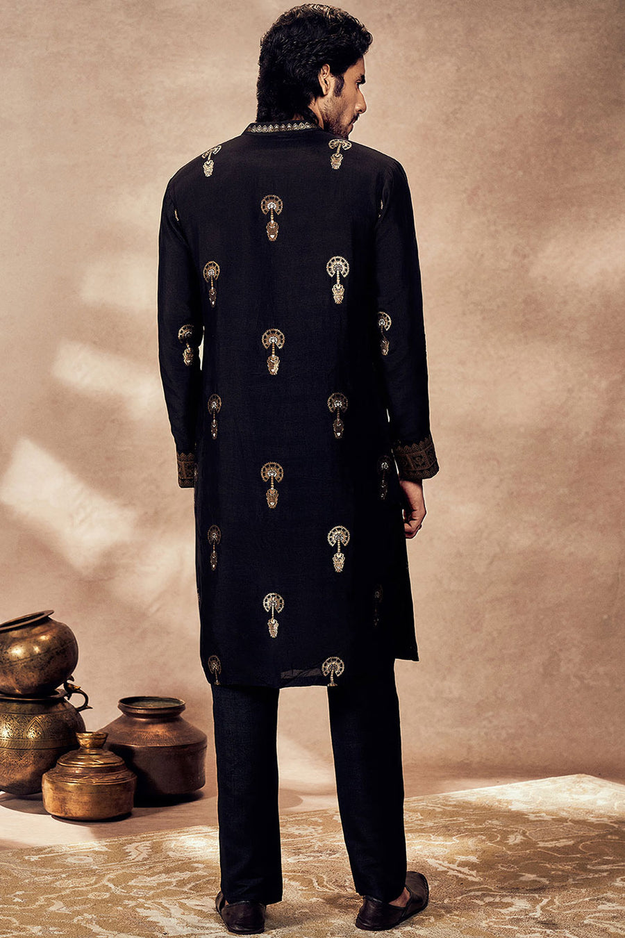 Black Traveller's Palm Jacquard Kurta Set