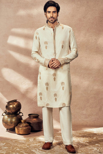 Ivory Traveller's Palm Jacquard Kurta Set