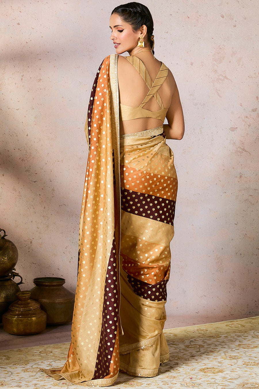 Beige Stripe Foil Saree