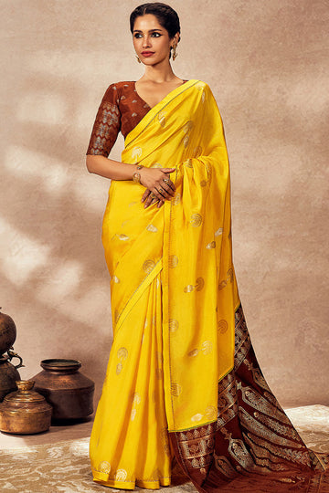 Brown And Yellow Jacquard Saree