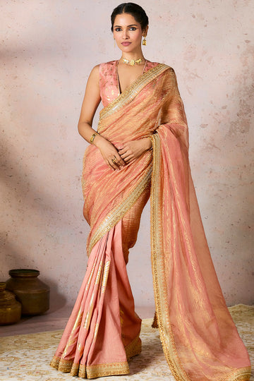 Peach Palm Blooms Tissue Saree