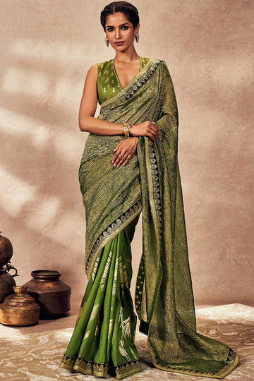 Green Palm Blooms Tissue Saree