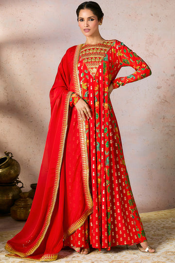 Red Tropical Rhapsody Anarkali Set