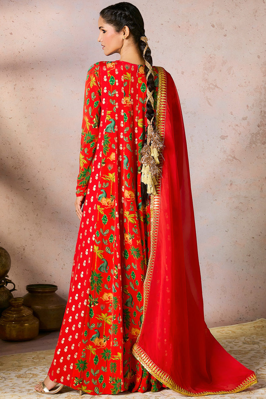 Red Tropical Rhapsody Anarkali Set