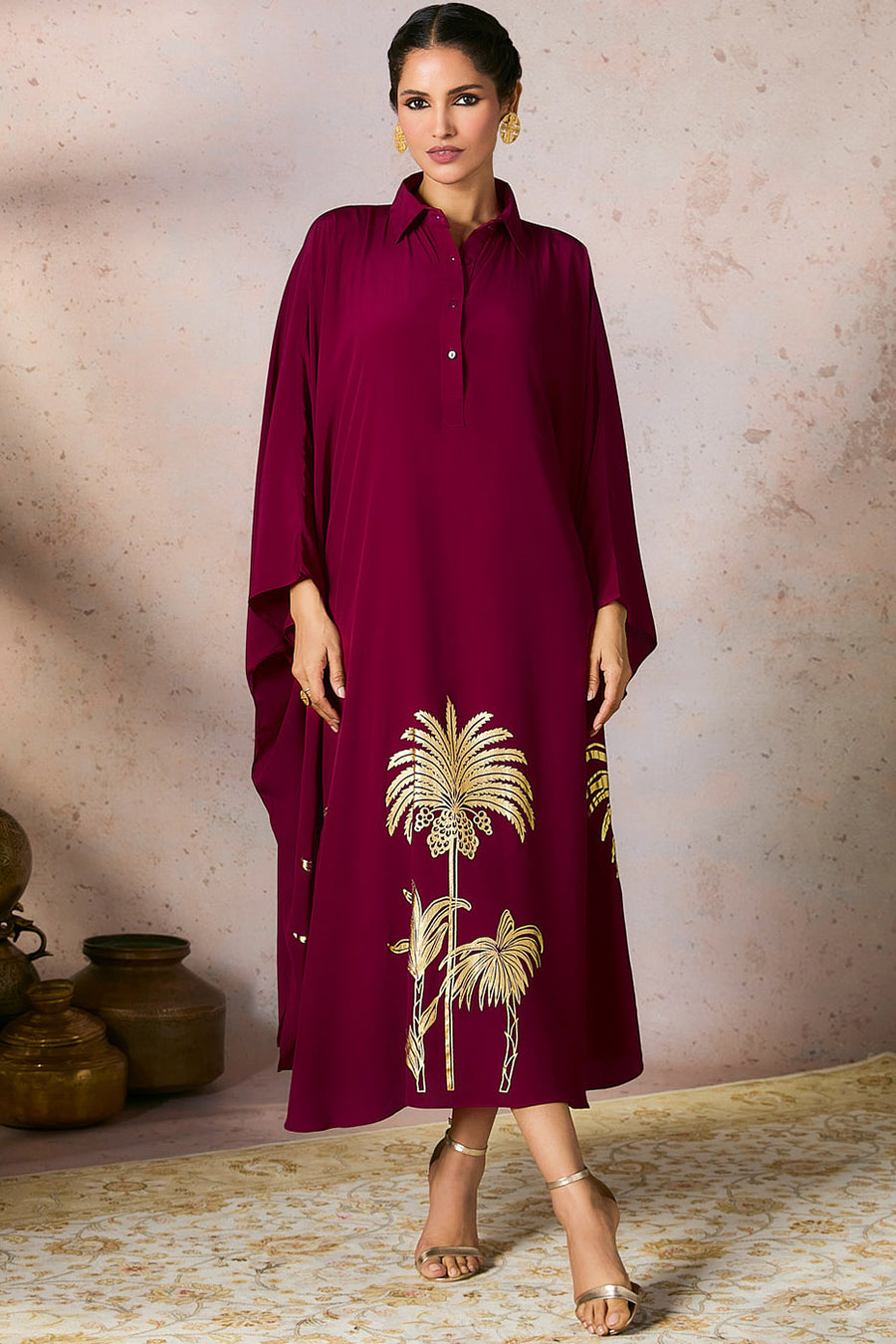 Cranberry Palm Foil Print Kaftan