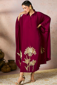 Cranberry Palm Foil Print Kaftan