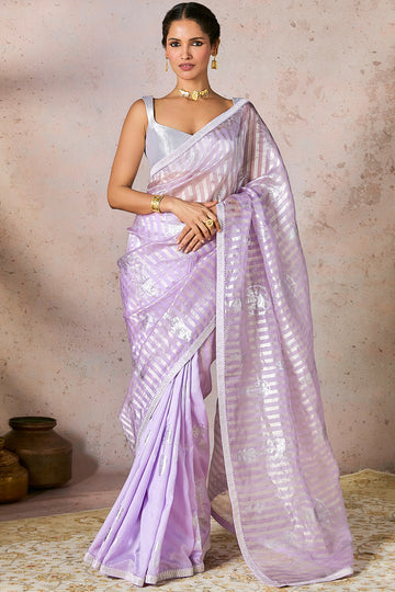 Lilac Striped Zari Saree