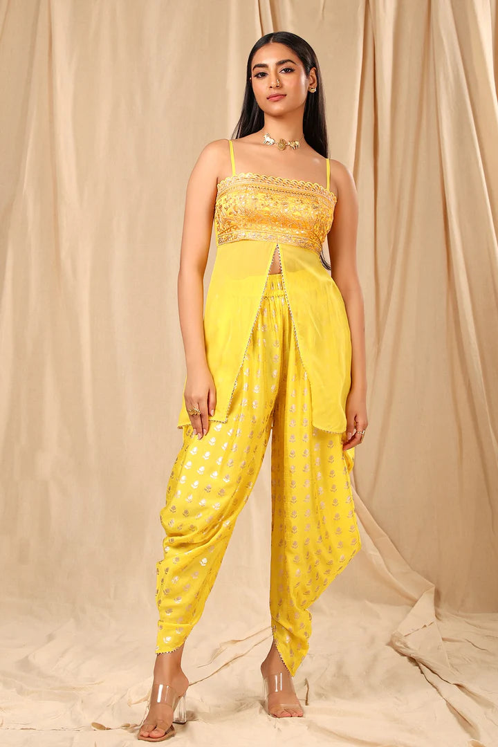 Lemon Yellow Wallflower Dhoti Set