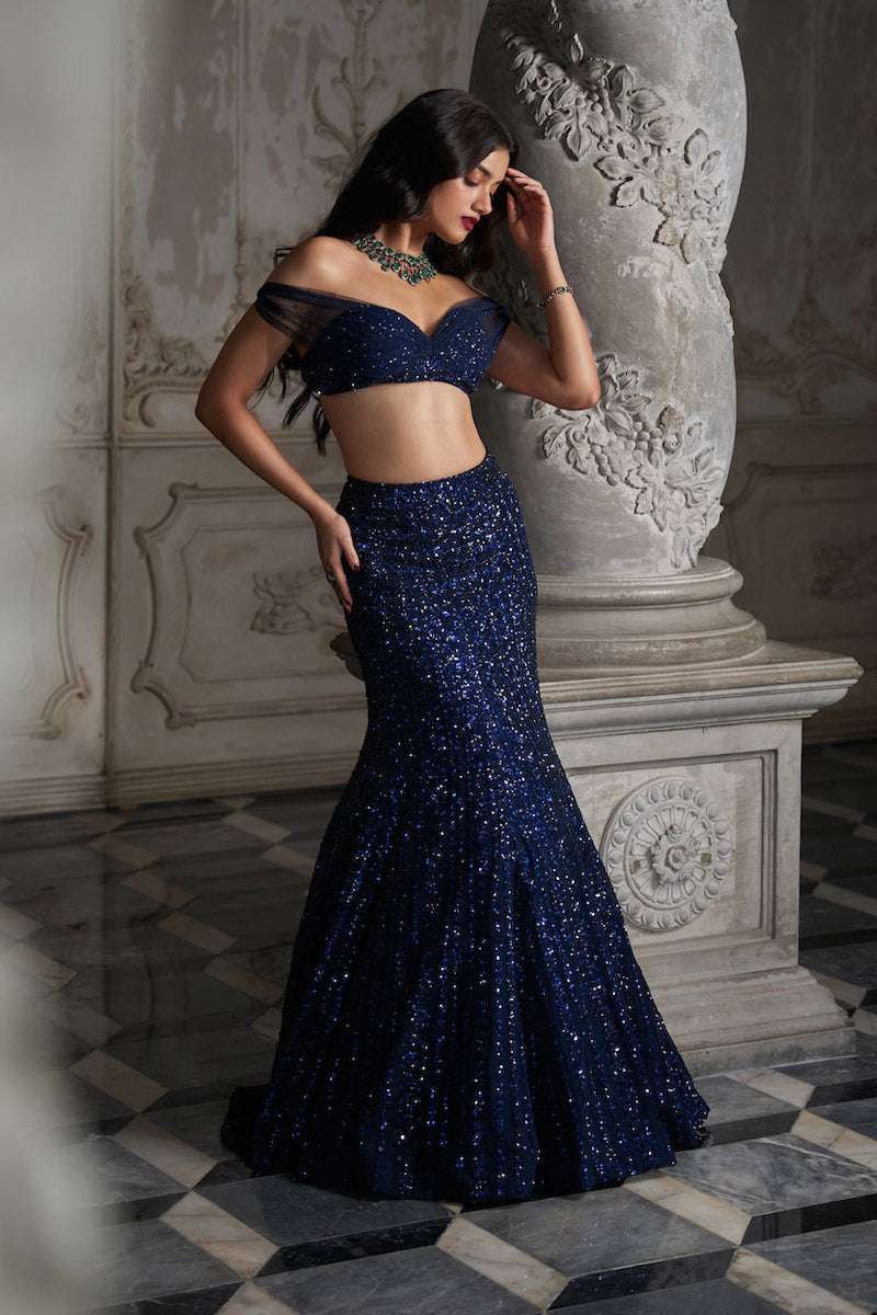 Navy Sequin Skirt Set