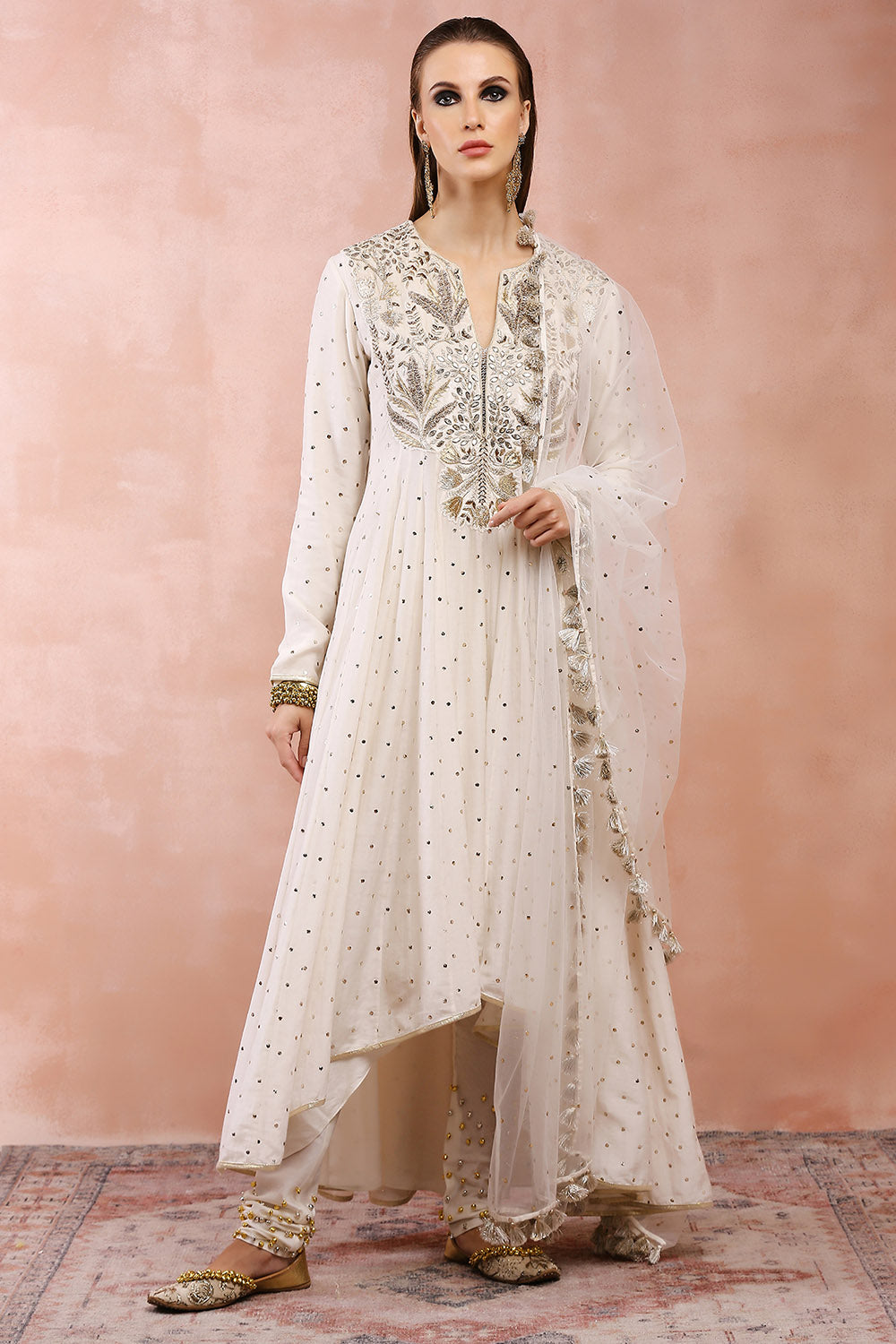 Off White Anarkali With Churidar And Dupatta