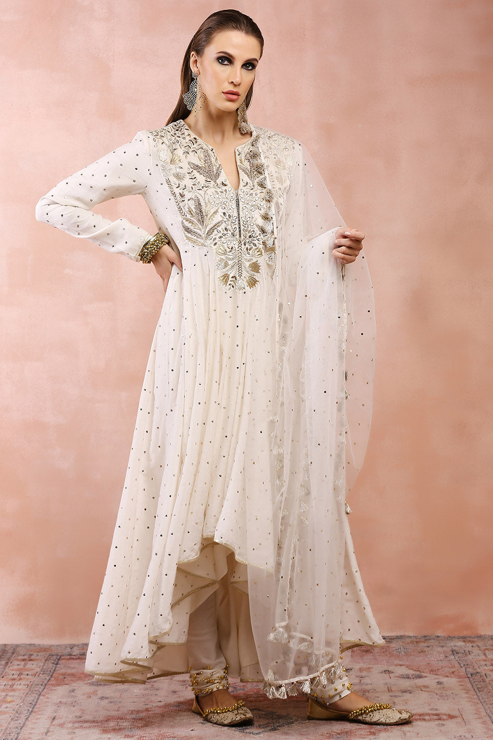 Off White Anarkali With Churidar And Dupatta