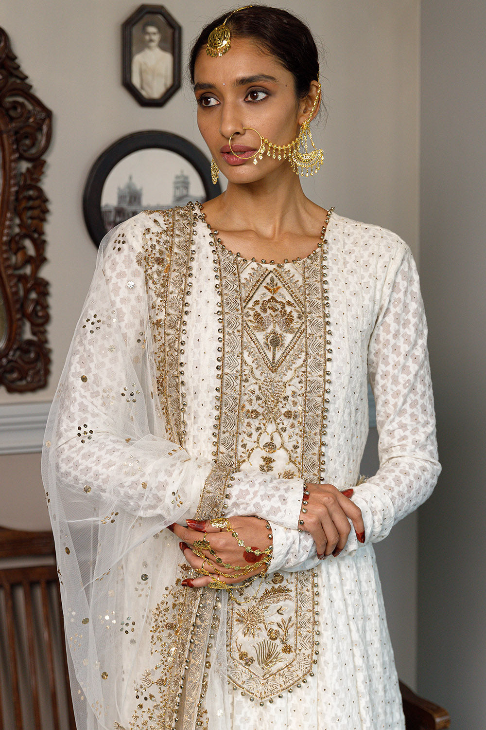 Nusrat Off White Embroidered Anarkali Set