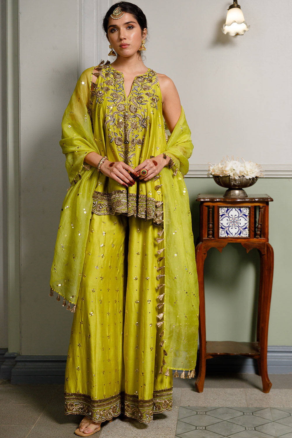 Jahanana Mehendi Green Anarkali And Sharara Set