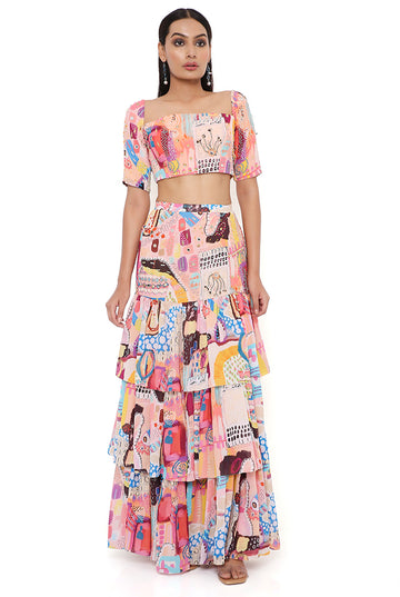 Trance Print Top With Layered Skirt