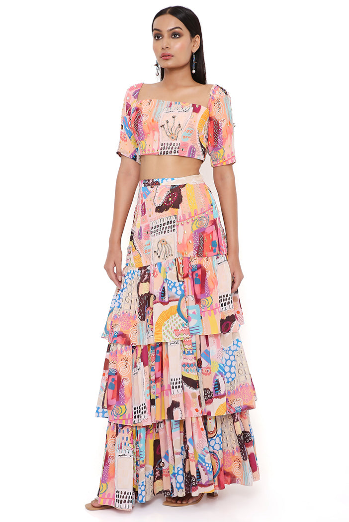 Trance Print Top With Layered Skirt