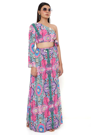 Pink Enchanted Print One Shoulder Skirt Set