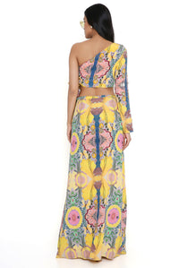 Yellow Enchanted Print  Tie-Up Choli With A Skirt