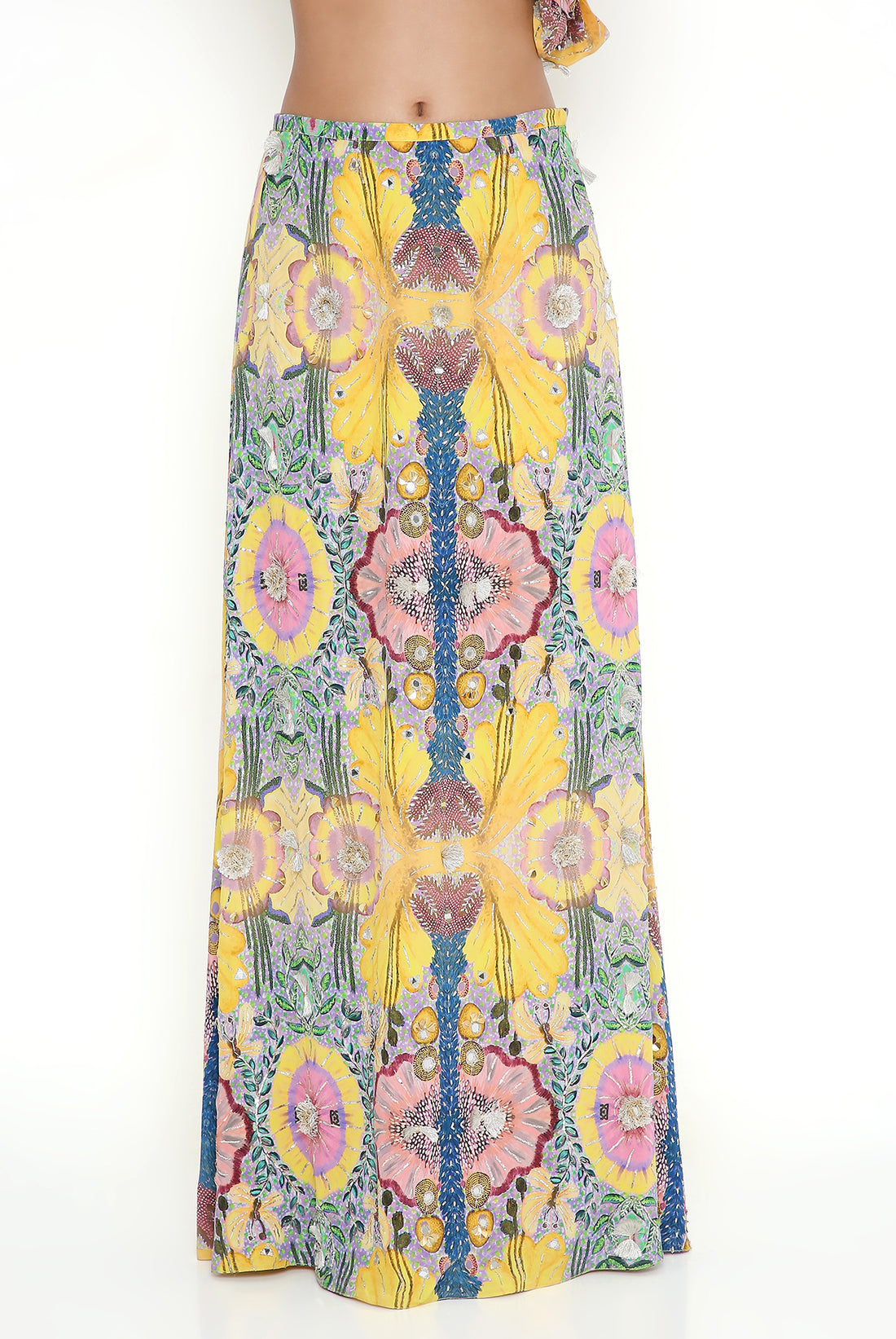 Yellow Enchanted Print  Tie-Up Choli With A Skirt