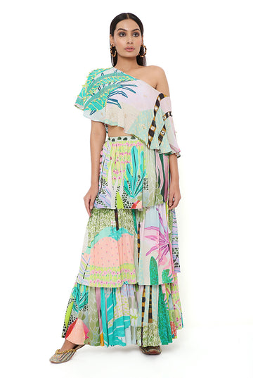 Tropical Print One Shoulder Cape Sharara Set