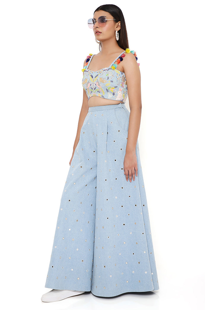Blue Embroidered Bustier And Flared Pant
