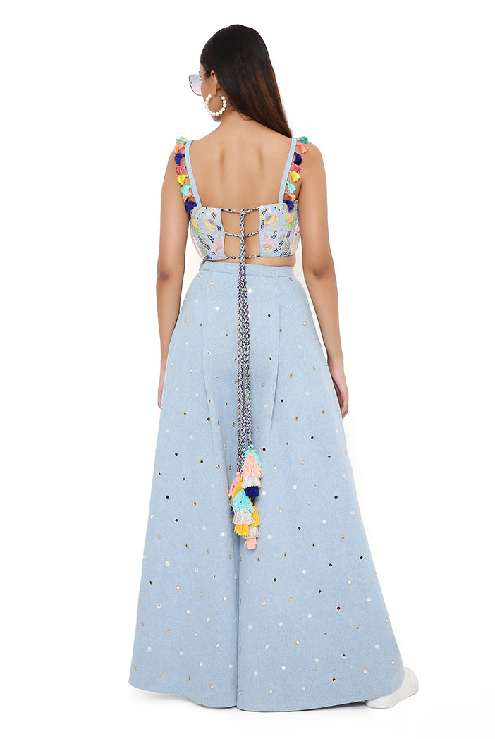 Blue Embroidered Bustier And Flared Pant