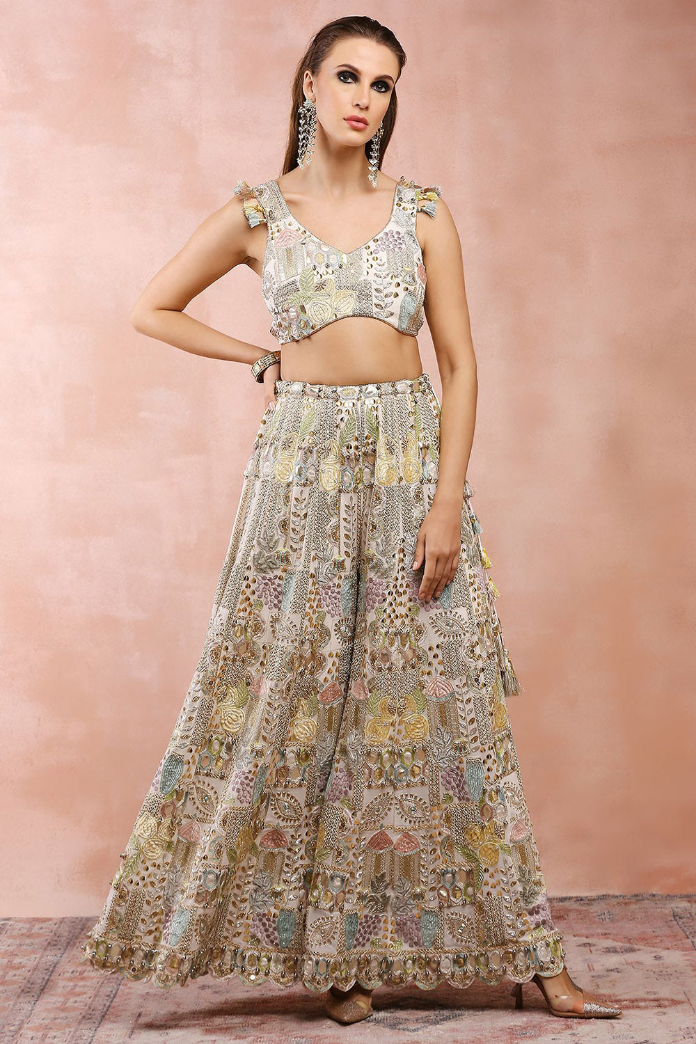Off White Embroidered Choli With Sharara And Dupatta