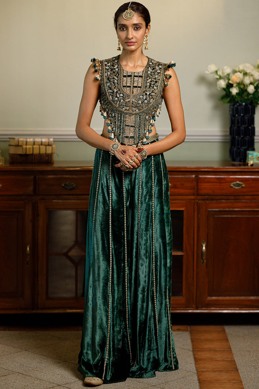 Benazir Emerald Green Tie-Up Choli And Sharara