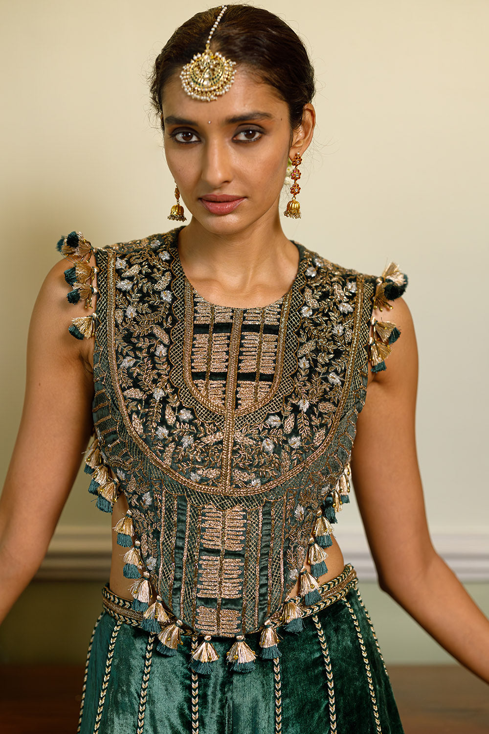 Benazir Emerald Green Tie-Up Choli And Sharara