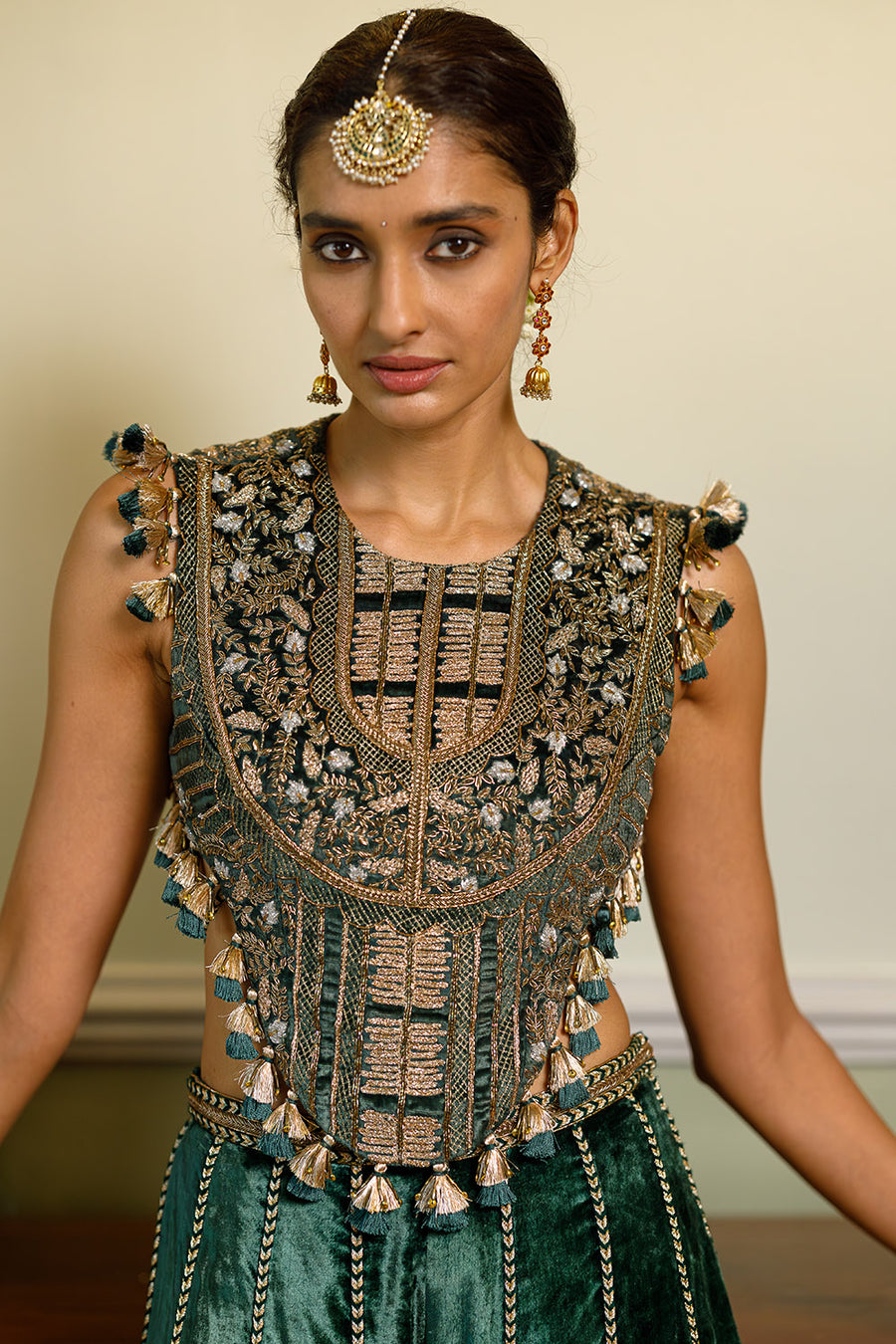 Benazir Emerald Green Tie-Up Choli And Sharara