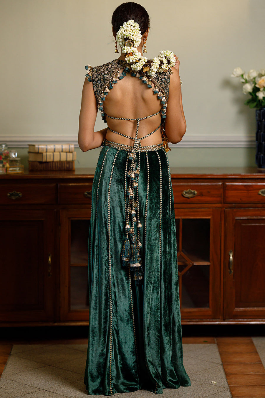 Benazir Emerald Green Tie-Up Choli And Sharara