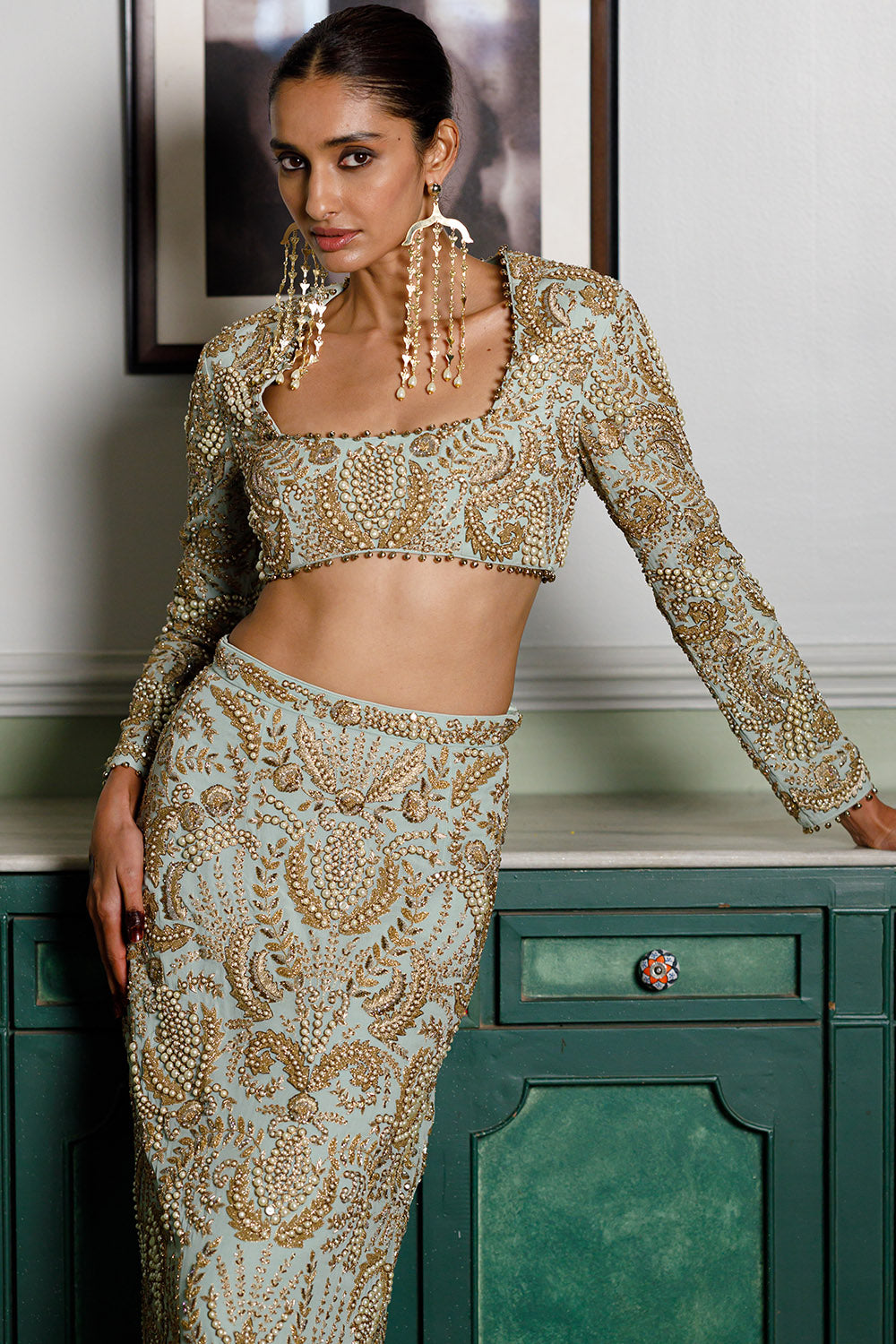 Soha Mint Embroidered Choli And Skirt