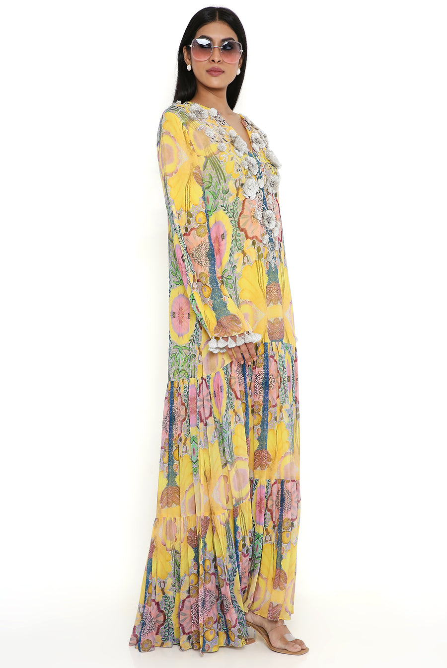 Yellow Enchanted Print Georgette Boho Dress