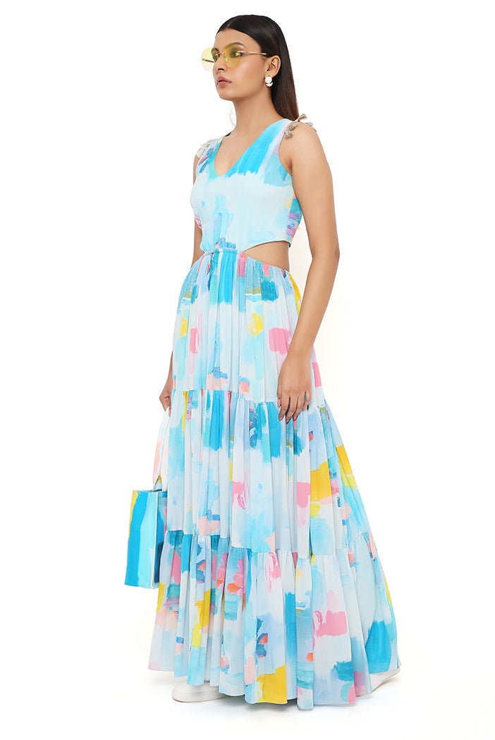 Painterly Georgette Cut Out Dress