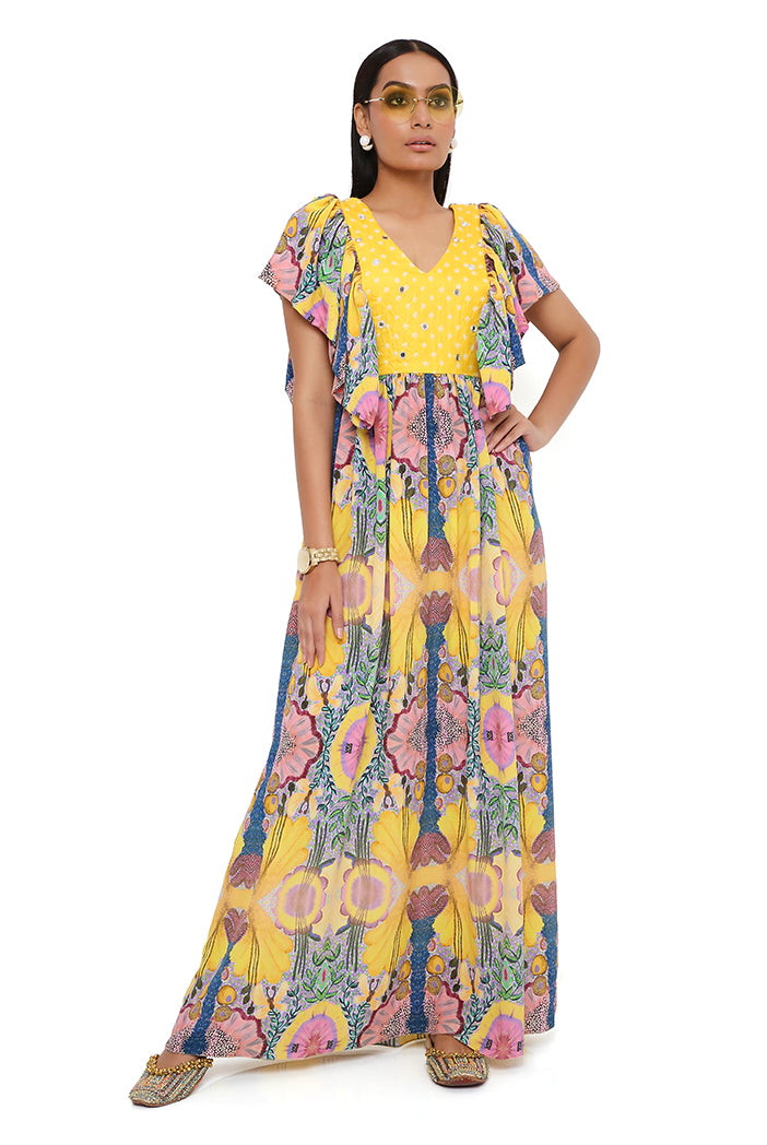 Yellow Enchanted Print Crepe Dress