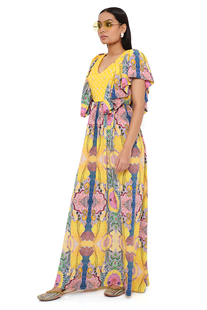 Yellow Enchanted Print Crepe Dress