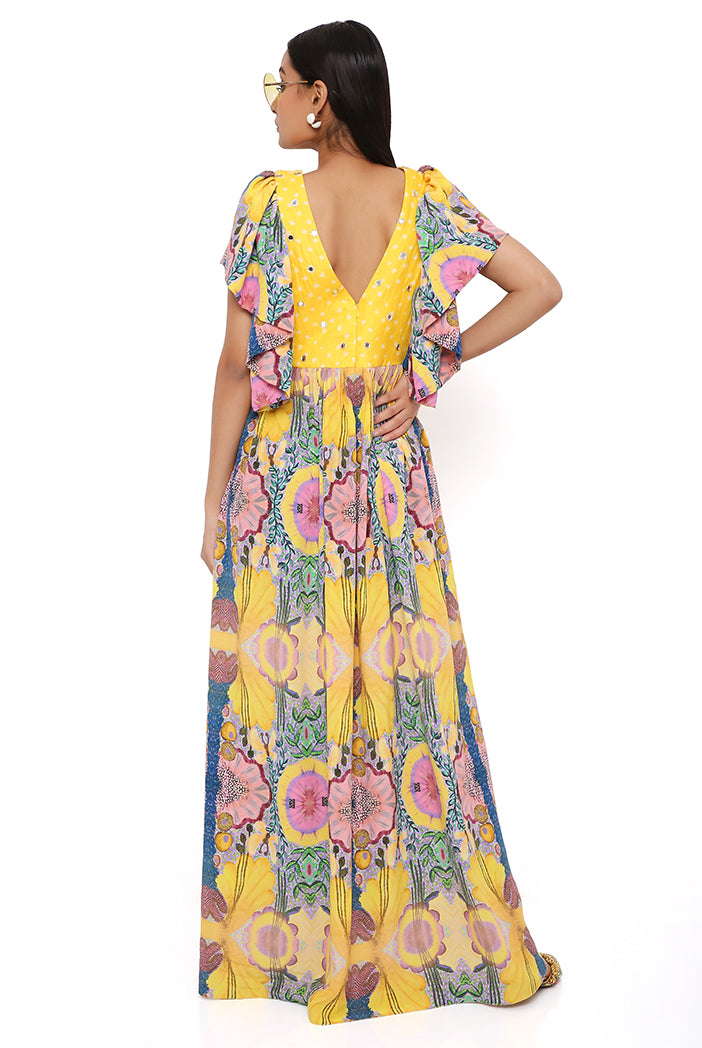 Yellow Enchanted Print Crepe Dress