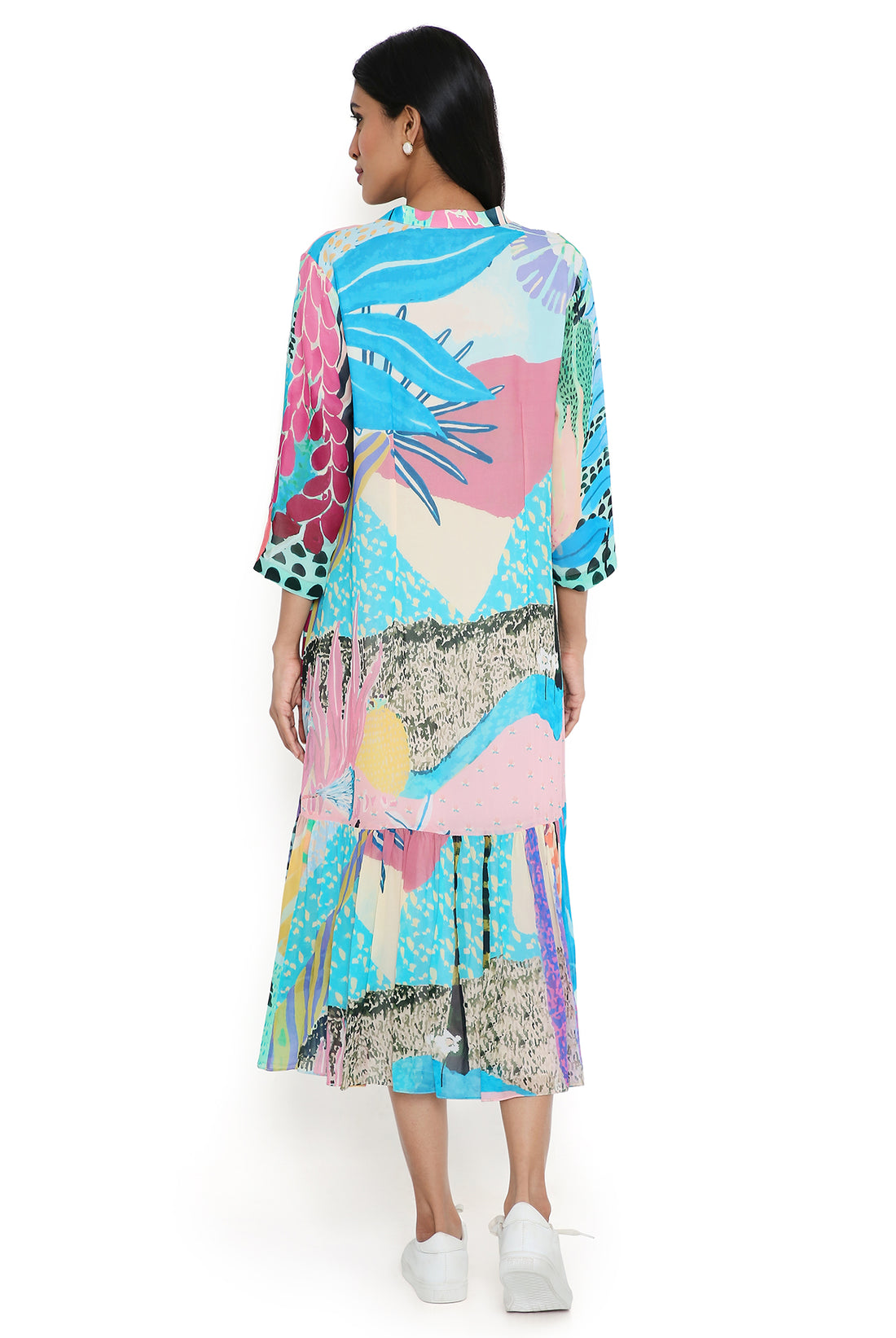 Aqua Tropical Print Art Georgette Shirt Dress