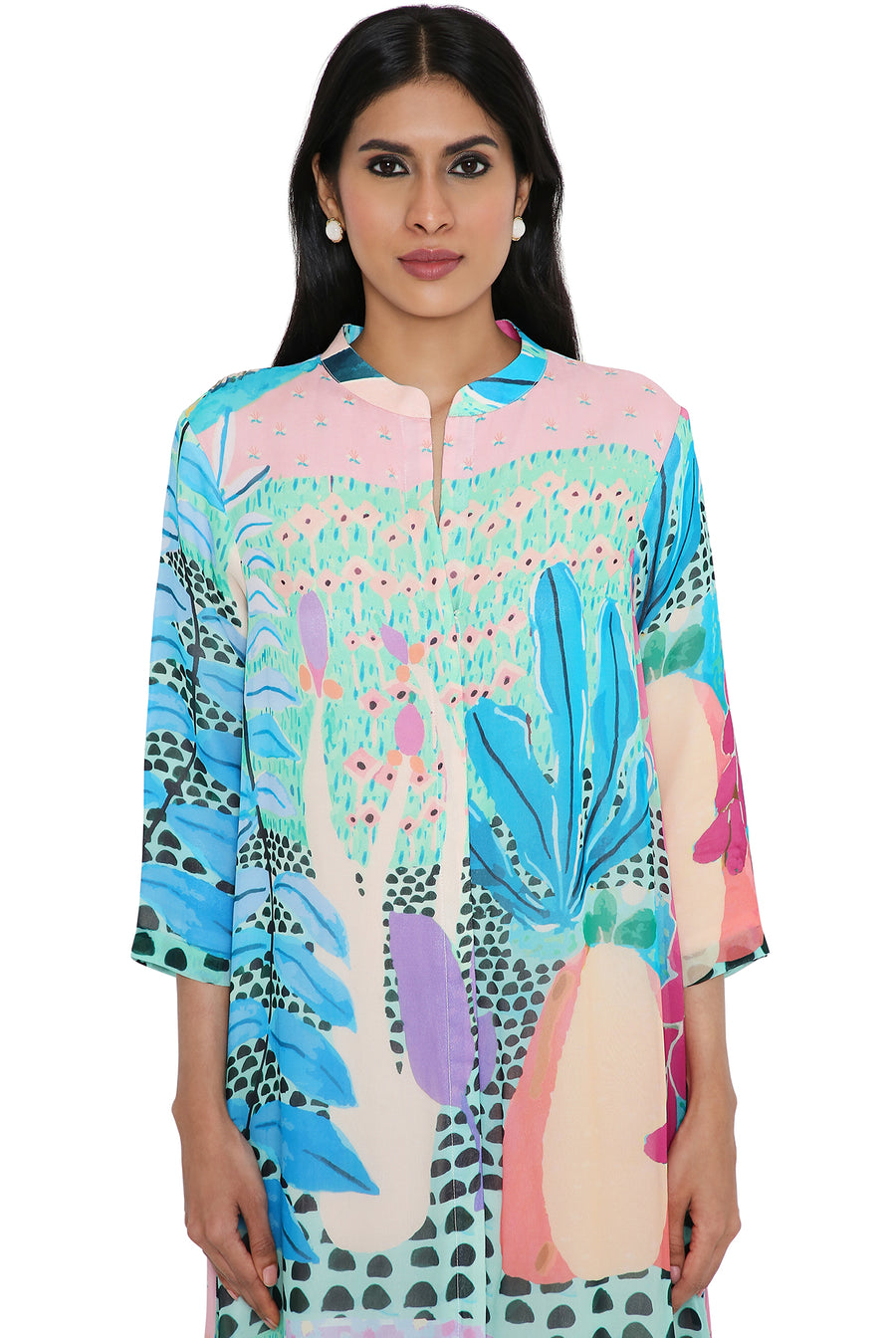 Aqua Tropical Print Art Georgette Shirt Dress