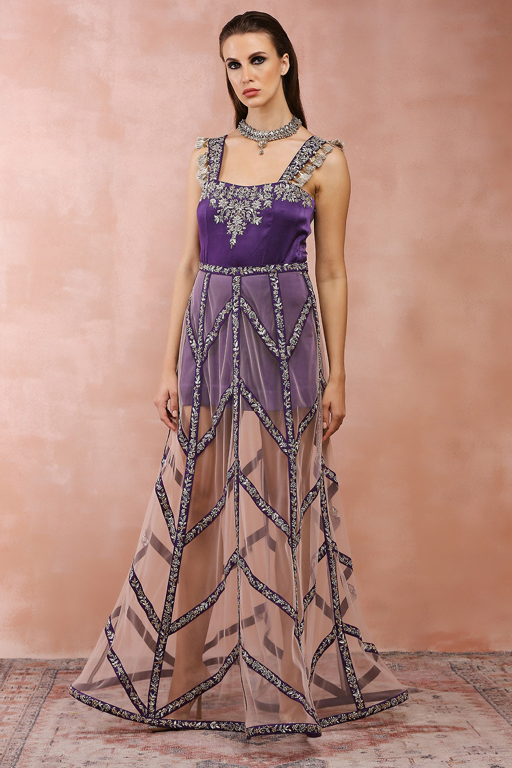Purple Embroidered Dress With Skirt
