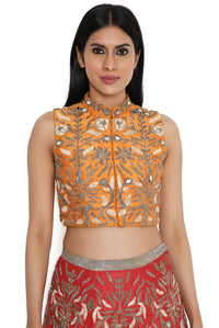 Orange Choli & Red Dupion Silk Lehenga With Dupatta