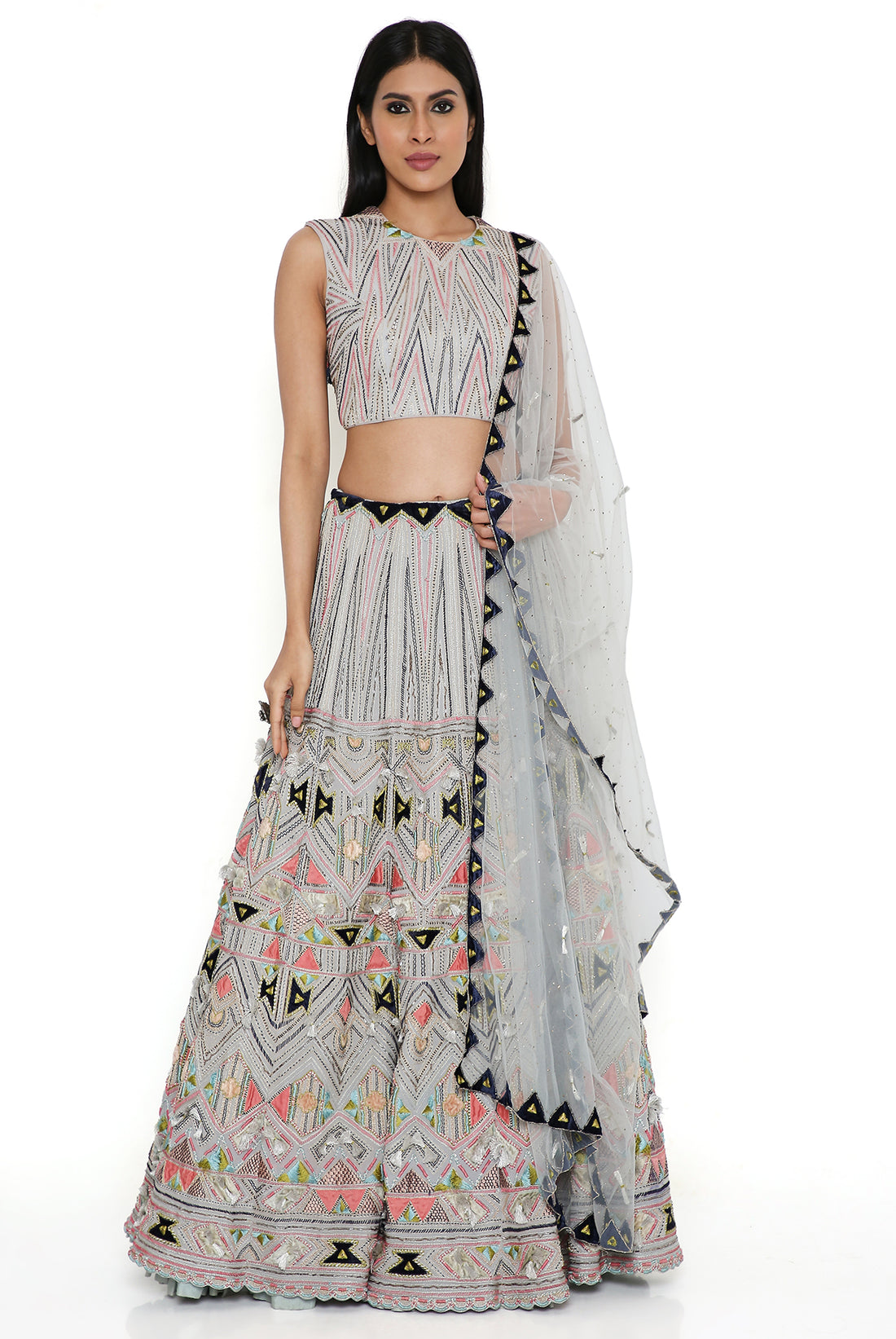 Pale Blue Back Tie-Up Choli With Lehenga And Dupatta