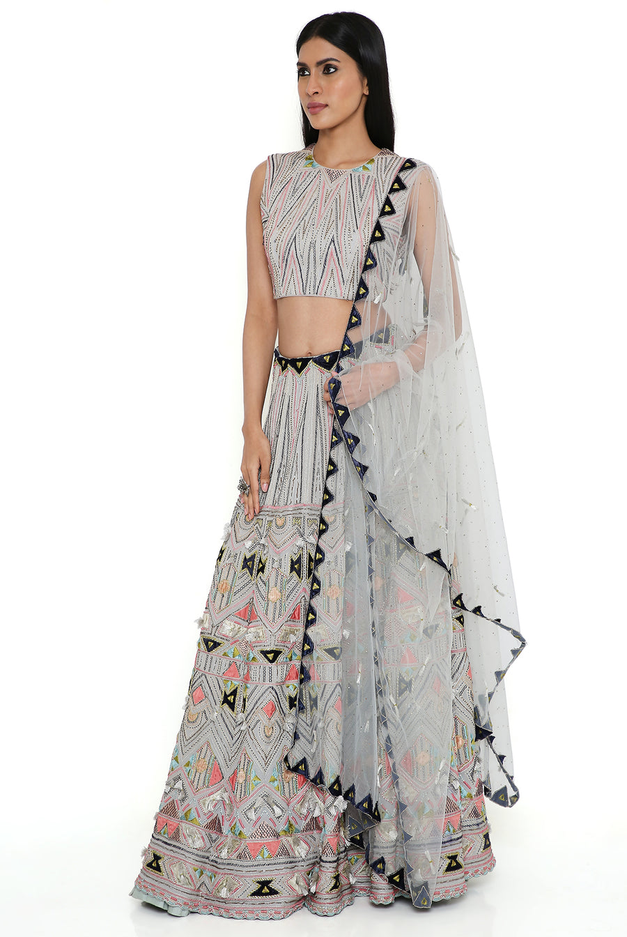 Pale Blue Back Tie-Up Choli With Lehenga And Dupatta