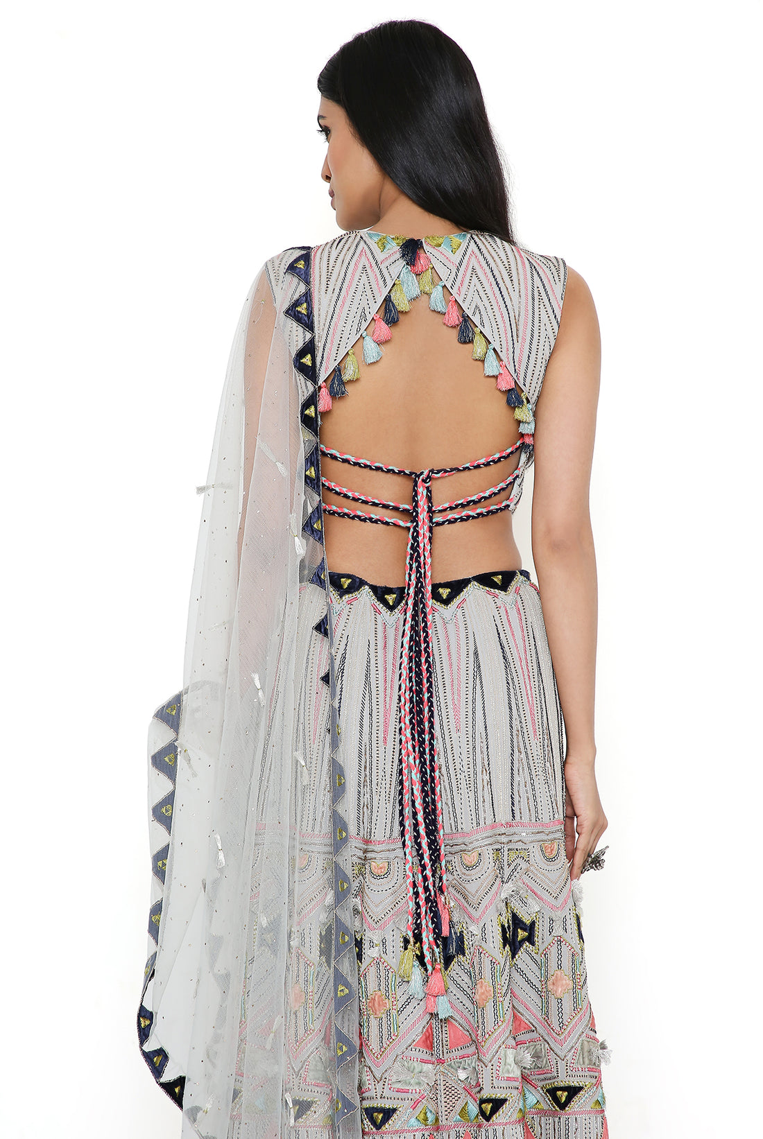 Pale Blue Back Tie-Up Choli With Lehenga And Dupatta