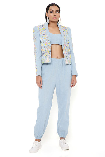 Blue Embroidered Jacket With Bustier And Jogger