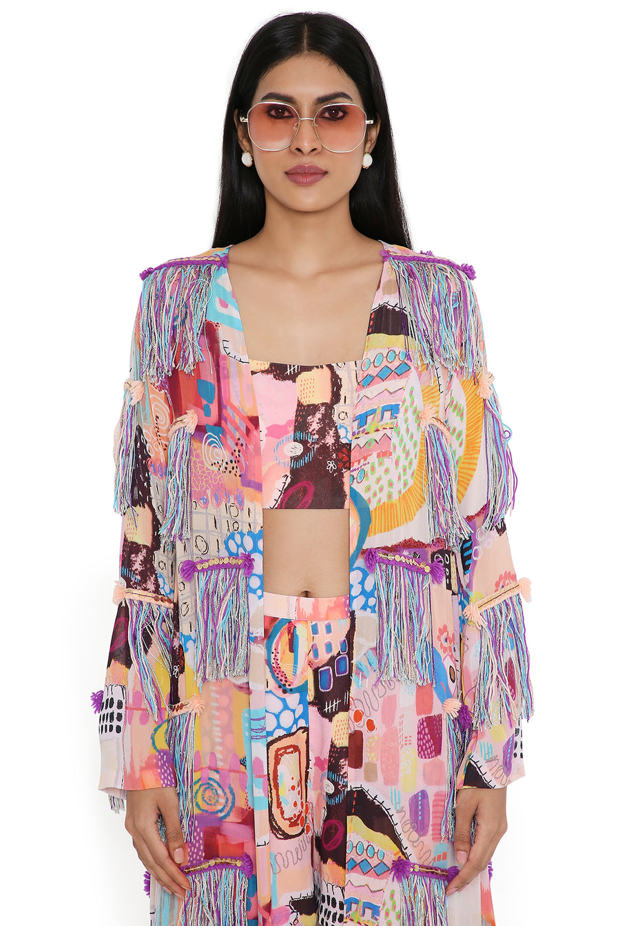 Trance Print Jacket And Bustier With Shorts