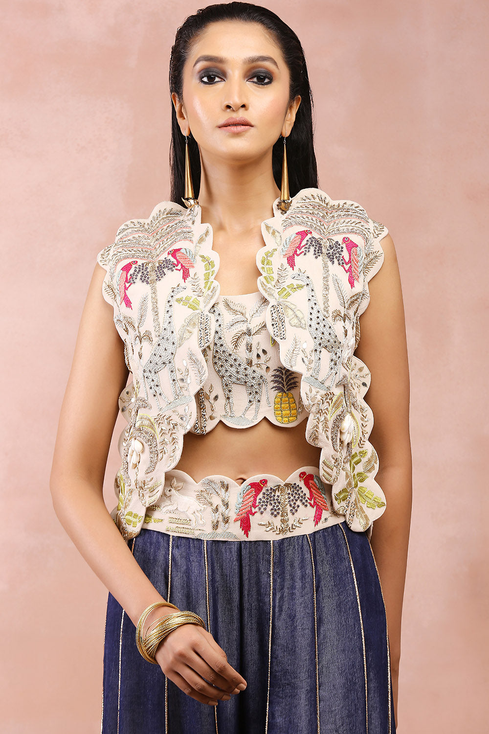Stone Jacket And  Bustier With Denim Sharara