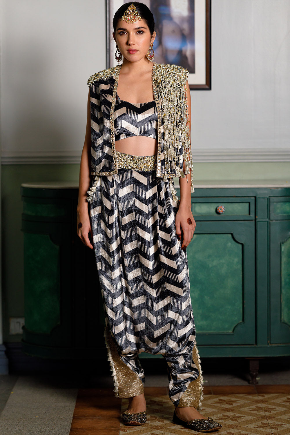 Fida Ladder Print Waist Coat And Low Crotch Pant