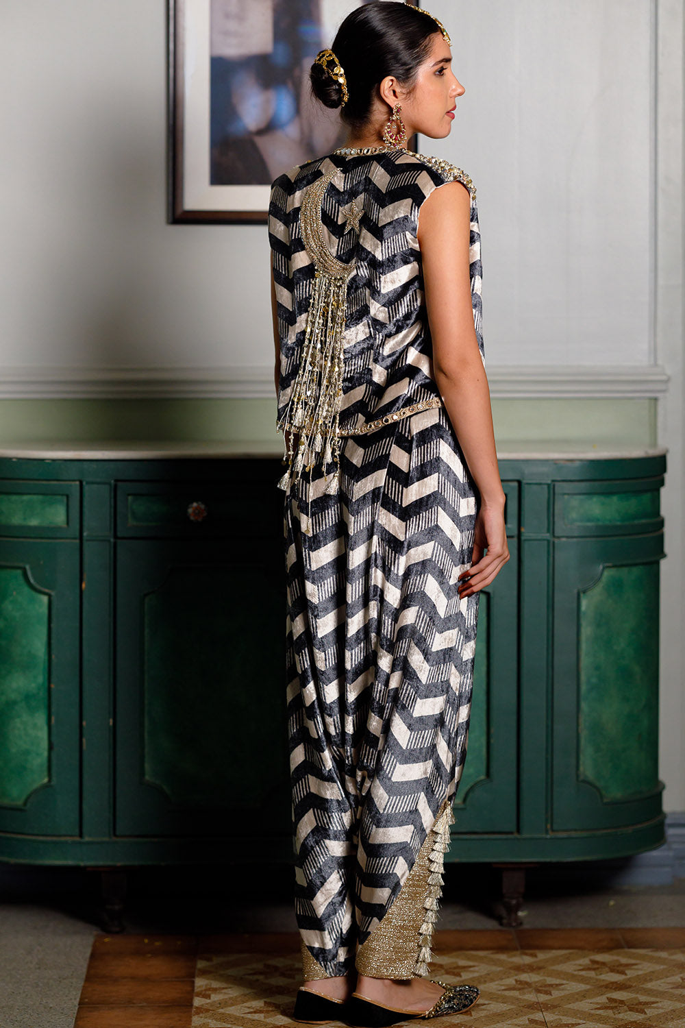 Fida Ladder Print Waist Coat And Low Crotch Pant